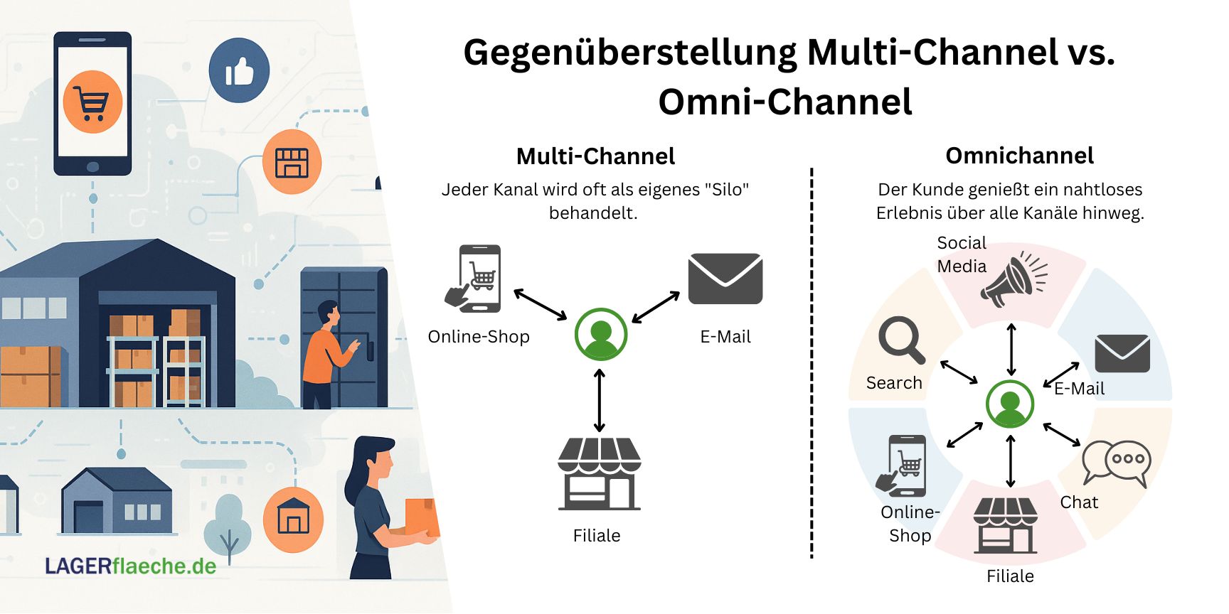 Infografik: Gegenüberstellung von Multi-Channel (Silos) und einem vernetzten Omni-Channel-System in der Logistik.